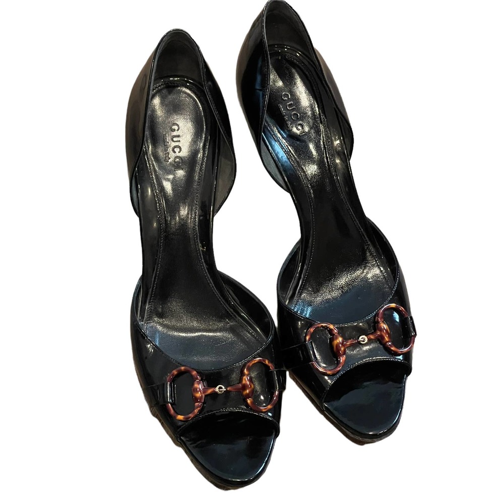 Vintage Gucci Vitello Vernice Soft Nero Black Open Toe Heels Women's Size 9.5 B - Picture 3 of 12
